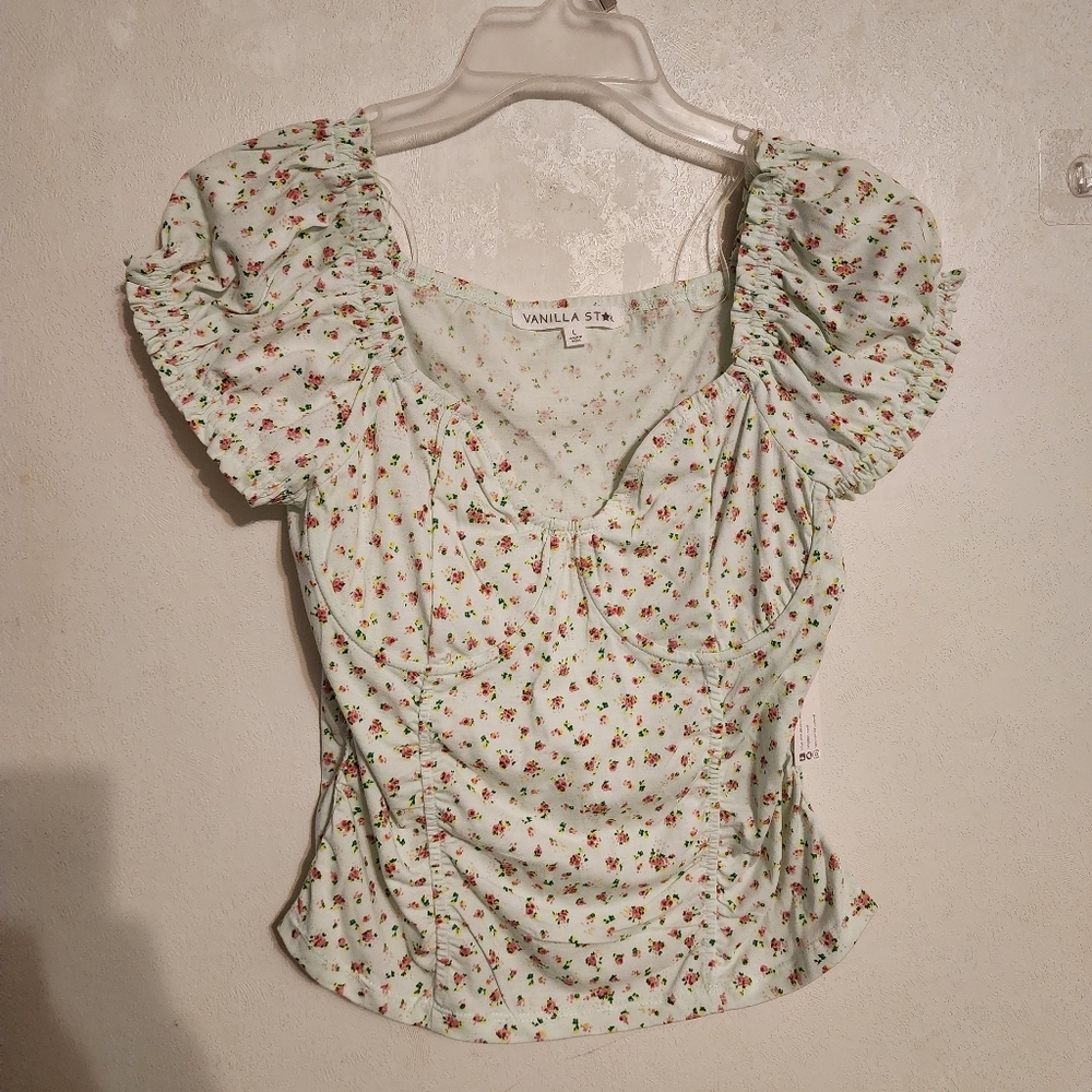 Vanilla Star Mint Floral Puff Sleeve Milkmaid Top Cottagecore Ruched Bust L NWT